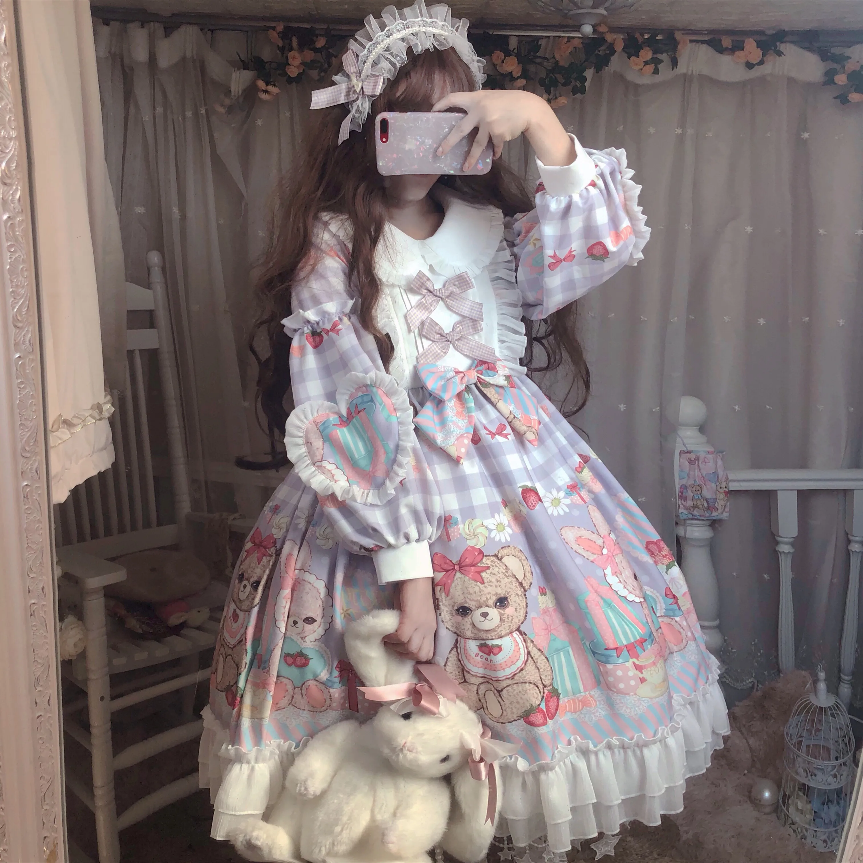 Kawaii สาว Gothic Lolita Op Loli COS เจ้าหญิง Tea Party Sweet Lolita VINTAGE ลูกไม้ bowknot น่ารักพิมพ์ชุดวิคตอเรีย