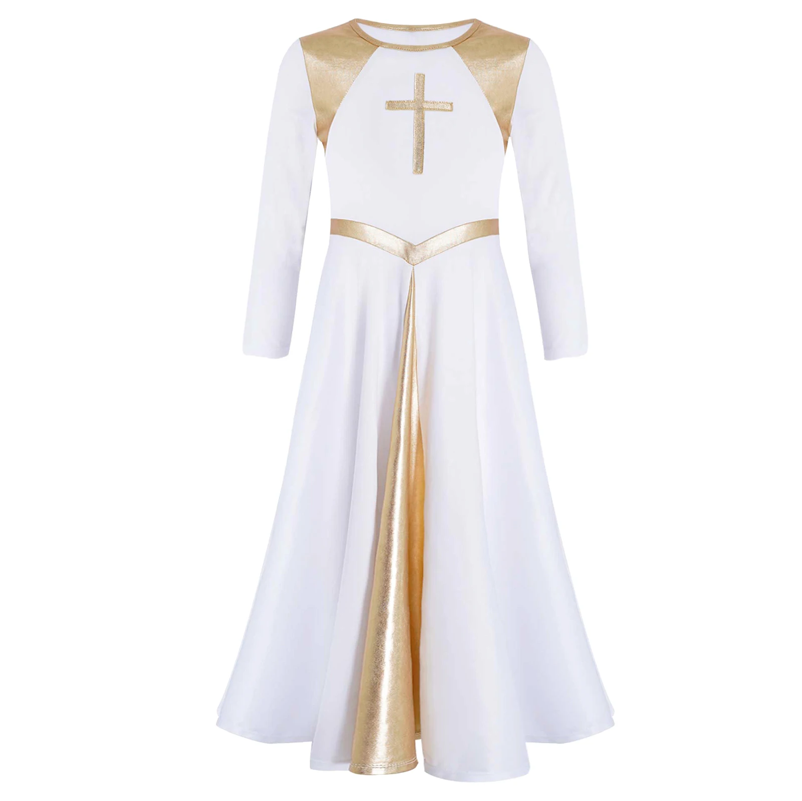 Kids Girls Metallic Shiny Contrast Color Dance Dress Long Sleeve Church Party Dresses Halloween Dress Up Performance Costume