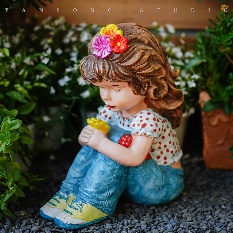 Outdoor Garden Accessories Decoration Hand Painted American Country Cute Sitting Girl Characters Cement Statues Ornaments Crafts