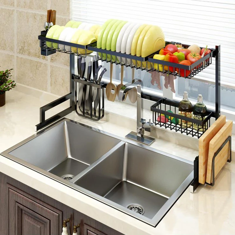 Kitchen Shelf Organizer Dish Drying Rack Over Sink Utensils Holder Bowl Dish Draining Shelf Kitchen Storage Countertop Organizer