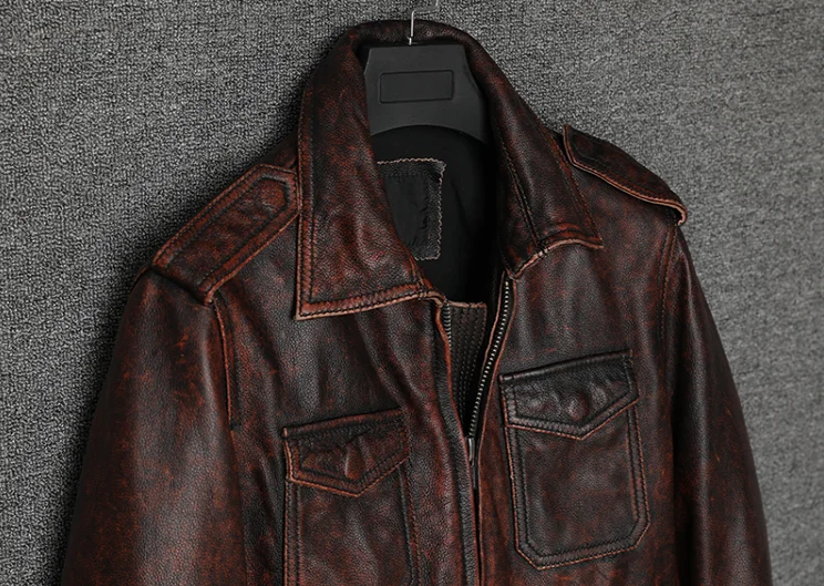 Genuino M65 Pesante Moto Biker In Pelle Giubbotti Vintage Brown Pelle Bovina Cappotto di Pelle Per Uomo Autunno Inverno