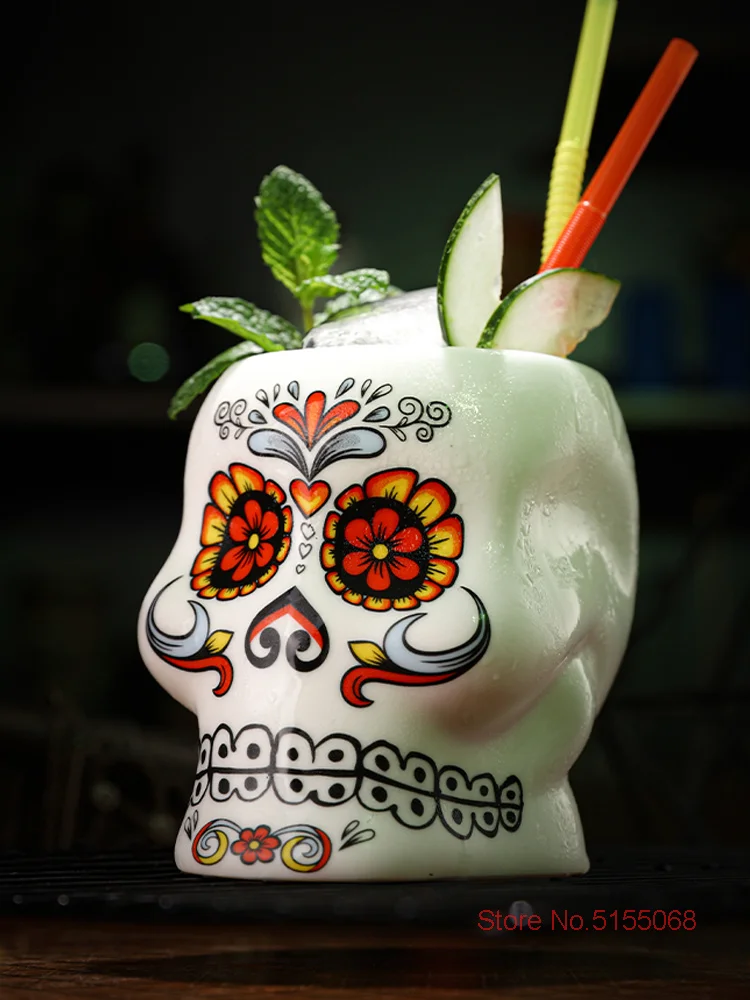 Cool Tattoo Face Skull DIY Blended Wine TIKI Mug Hawaii Bar Special Drinks Cocktail Glass Color Painted Ceramics Beach Party Cup