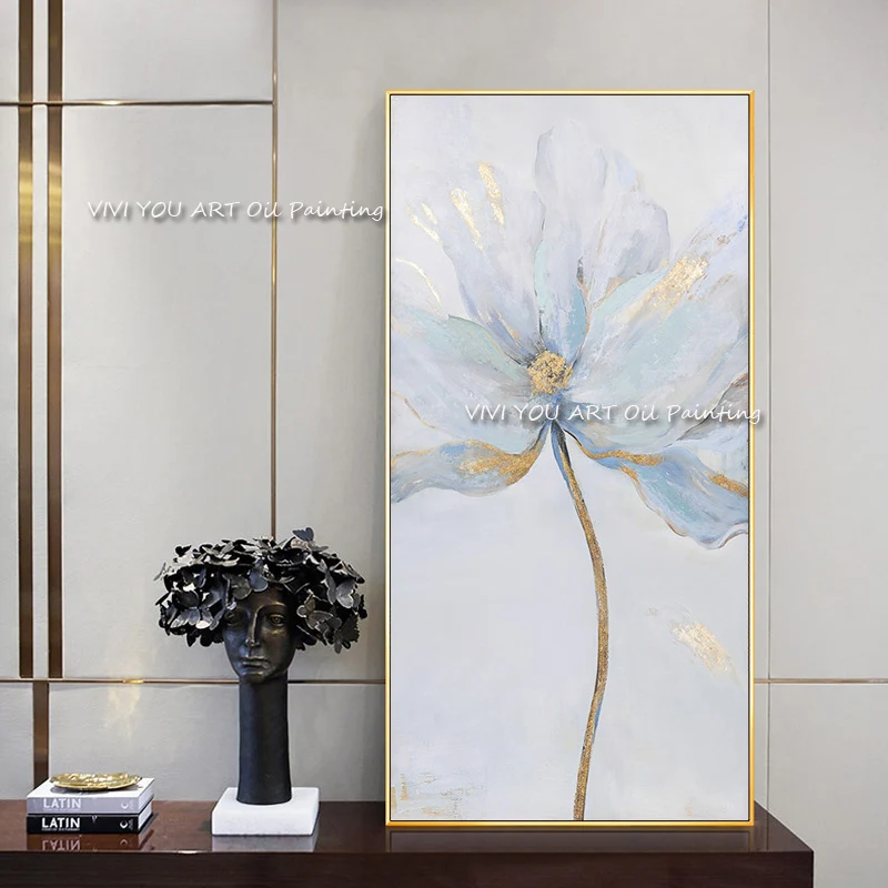 

The Hot Sales Big Blue Gold Flower Wall Art Canvas Handpainted Cuadro Modern Abstract Painting Wall Pictures for Home Decor