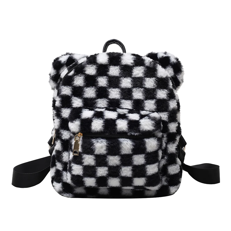 Checkered Mini Flauschigen Rucksack Für Frauen 2021 Bär Ohren Plüsch Rucksack Schachbrett Pelz Schultern Tasche Kawaii Plaid Pelzigen Bagpack