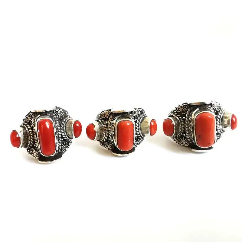 Nepal Hand 925 Sterling Silver Inlaid Bamboo Coral Lovely Rings for Girls Vintage Jewelry T9047