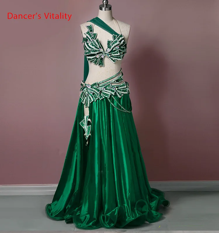 Belly Dance Competition Outfits Customized Slap-up Bra with Ribbon Skirt Rhinestone Belt Set Oriental Indian Dancing Stage Wear