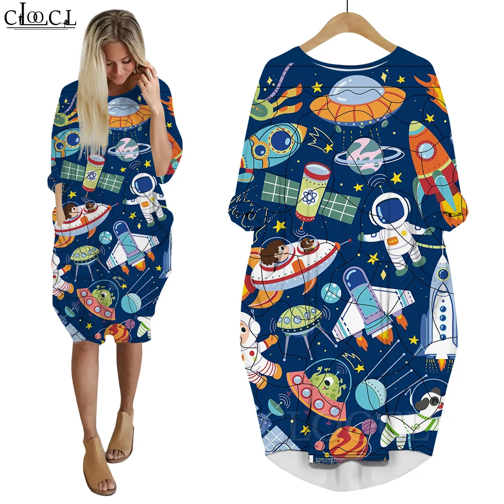 

CLOOCL Women Dress Funny Astronauts and Aliens 3D Printed Loose Daughter Dress Fashion Long Sleeve Female Gown Pocket Dresses