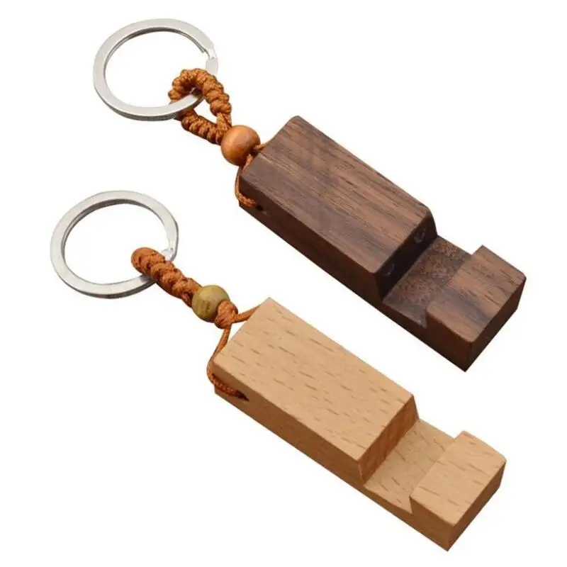 2 Styles Rectangle Wood Keychain Phone Holder Key Ring Chain Cell Phone Stand Base Best Gift LX8976