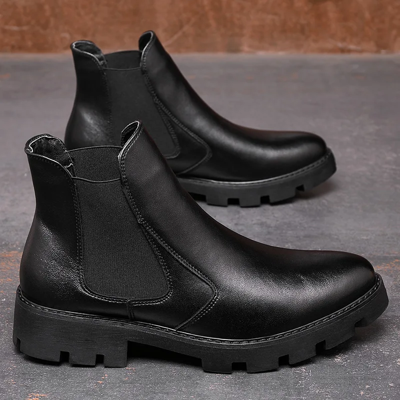 brand designer men's fashion chelsea boots black genuine leather shoes black platform boot genuine leather botas hombre zapatos