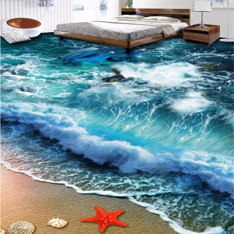 wellyu Custom flooring 3d обои self-adhesive floor drawing beach waves 3D living room bedroom floor painting papel de parede 3d