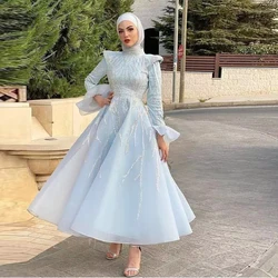 Elegant Blue Muslim Prom Dresses High Collar Long Sleeve Beading Arabic Dubai Evening Party Gowns A Line Ankle Length Vestidos