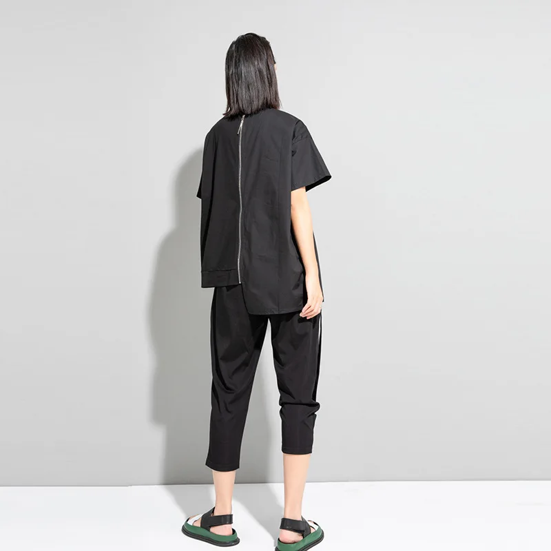 Ladies Short Sleeve T-Shirt Summer New Classic Dark Personality Asymmetric Stitching Zipper Design Loose Size Half Sleeve