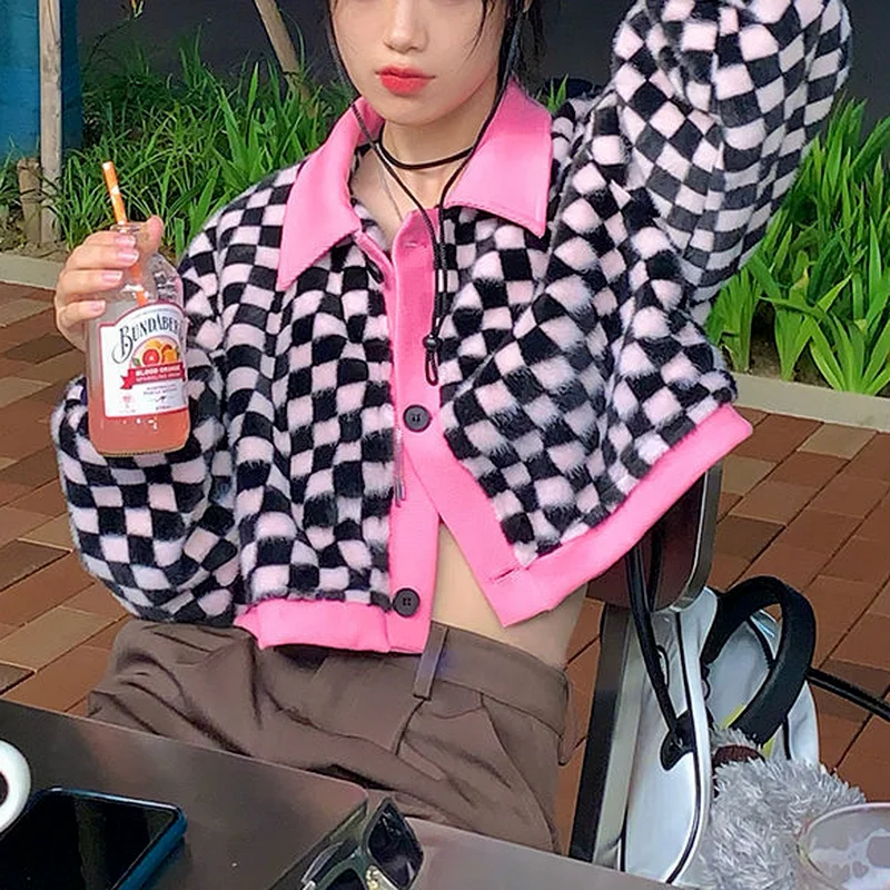  Korean Fashion Y2k Tops Harajuku Checkerboard Sweater Autumn New Cropped Cardigan Women Contrast Color Knitwear Streetwear
