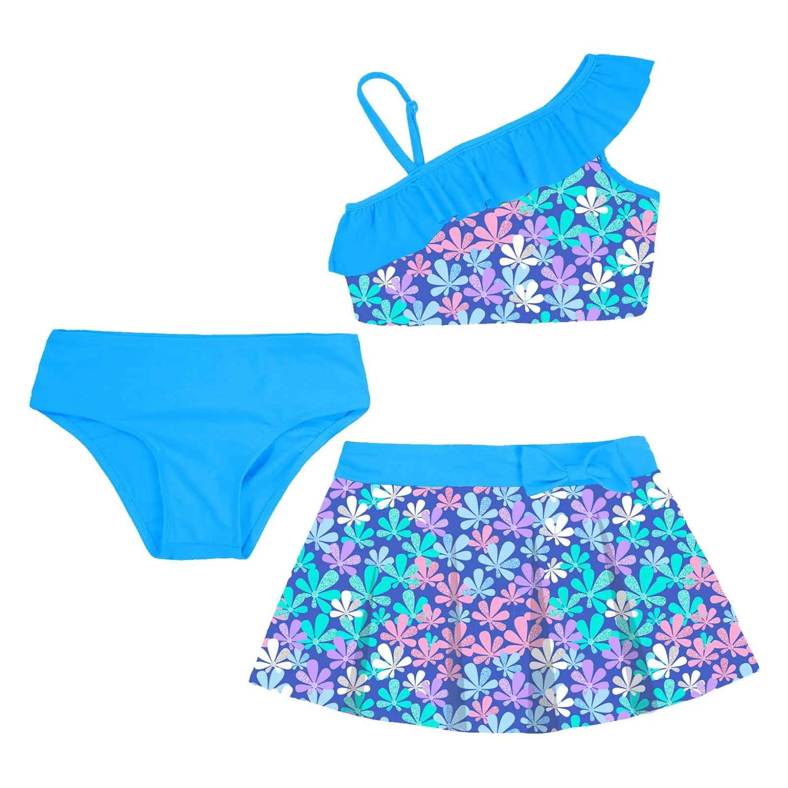 3Pcs Kids Girls Swimming Suit Floral Print Ruffle Trim Crop Top Vest+Skirt+Briefs Set for Beach Pool Swimming Bathing Suit