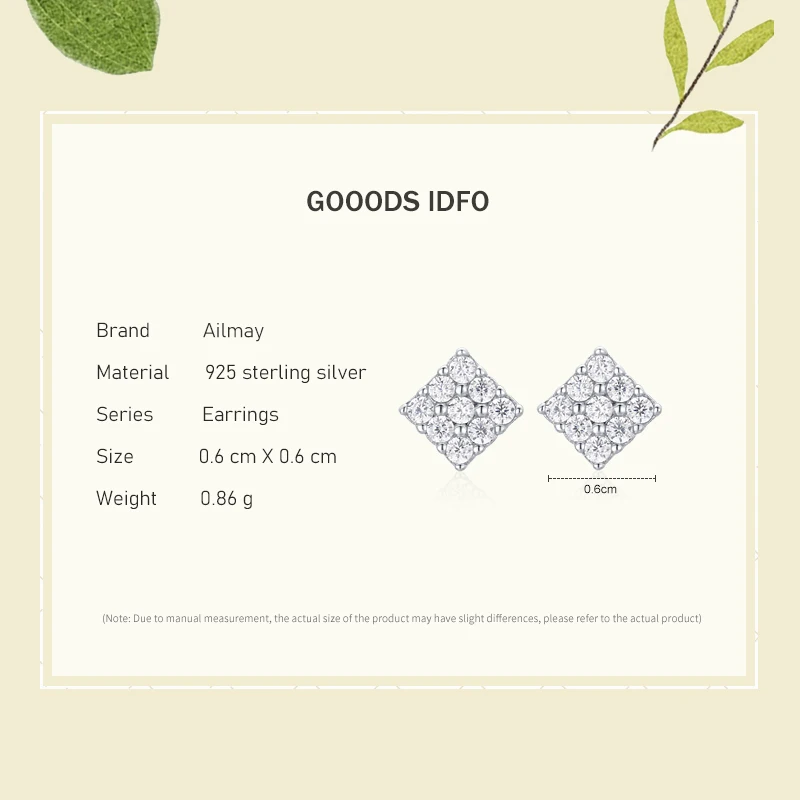 Ailmay Real 925 Sterling Silver Shining Zircon Square Stud Earrings For Women Wedding Engagement Fine Jewelry Gift