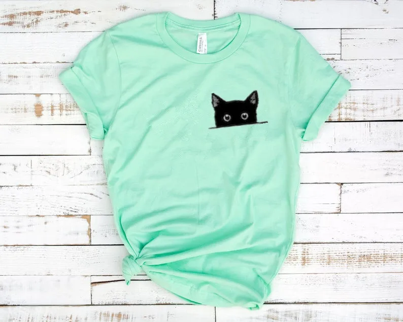 Cute Cat Shirt Hiding in Pocket Cute Kitty in Pocket Kitten Pocket Gift for Cats Lover Mom Shirt 100% Cotton Short Sleeve O Neck