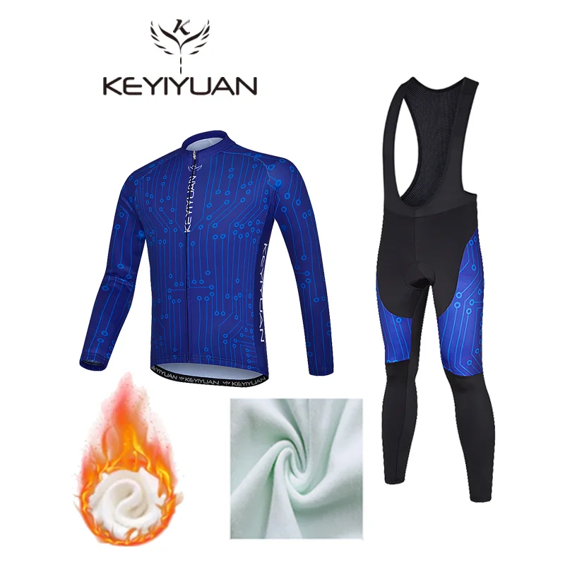 

KEYIYUAN Winter Thermal Fleece Cycling Clothes Suit Men Jersey Bike Wear MTB Clothing Bib Pants Warm Set Ciclismo Invernale Uomo