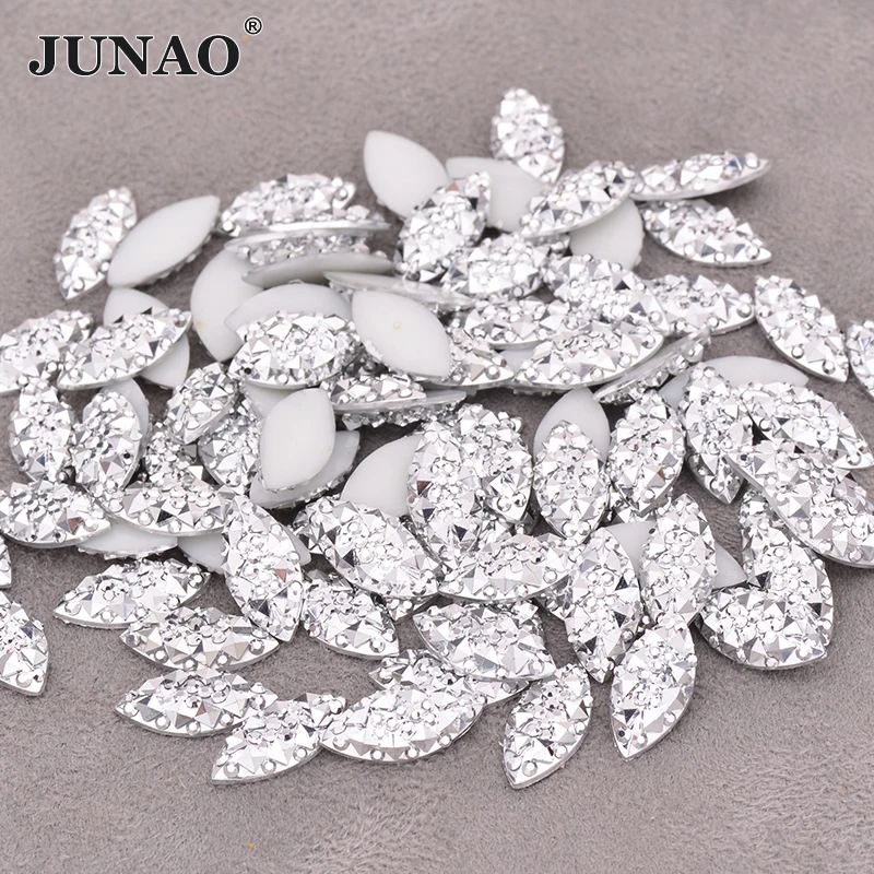 JUNAO 100pcs 7x15mm Crystal AB Horse Eye Flat Back Rhinestone Applique Resin Stones and Crystal Glue on Strass for Clothes