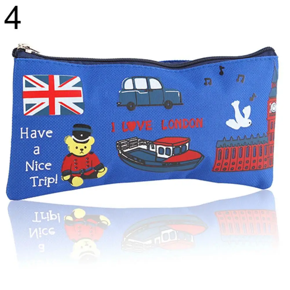 Students Pencil Bag Pen Case Cartoon London Style Zipper Cosmetic Pouch Coin Purse