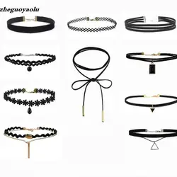 Best Offer New Fashion 10 Pieces Women Black Rope Choker Necklace Set Velvet Stretch Classic Gothic Lace Choker Chain 1 Set