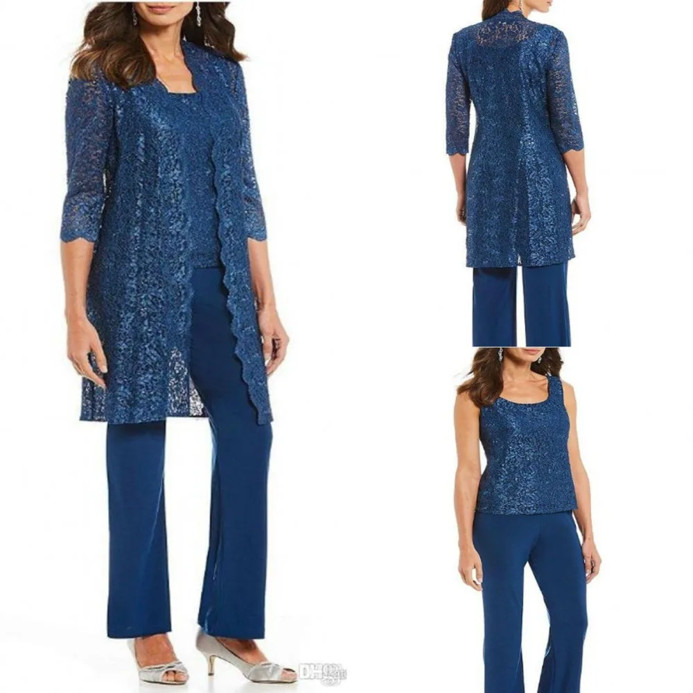 Azul real mãe da noiva vestidos bainha chiffon renda com jaqueta calças terno longo noivo mãe vestidos para casamentos