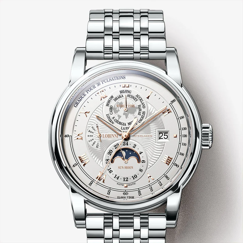 LOBINNI 316L Stainless steel Men Automatic Mechanical Watches Sapphire Glass Waterproof Watch Date Week Moon Phase Watch