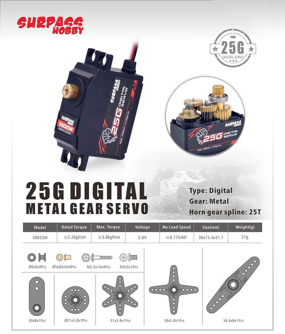 SURPASSHobby Digital Servo 9G 17G 25G 6KG 9KG 15KG 20KG Metal Gear Servo for 1/8 1/10 RC Car Boat Plane Airplane Robot Glider