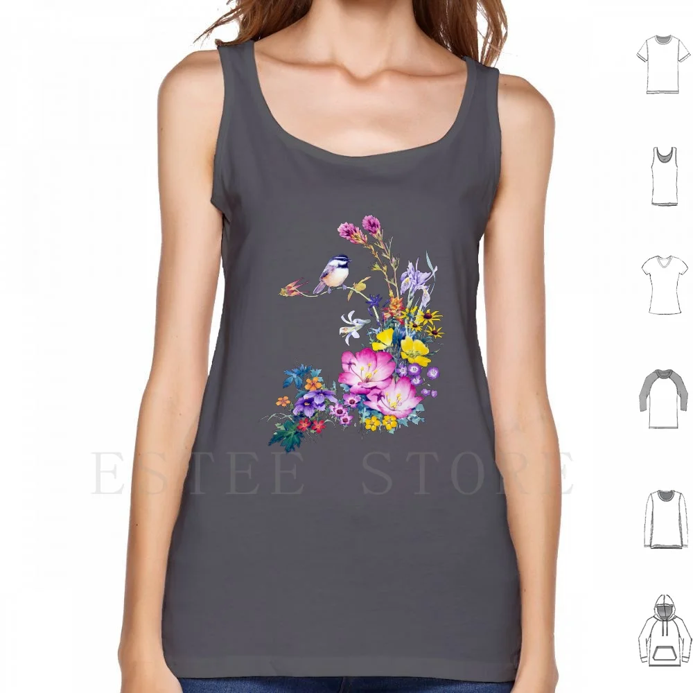 Chickadee Tank Tops Vest Cotton Chickadee Animals Songbird Birds Flowers Flower Colorful Flowers Realistic Drawing Realistic