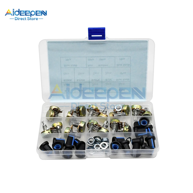 18ชิ้น/ล็อตWH148 Single Potentiometer Kit 1K 5K 10K 20K 50K 100K 250K 500K 1M Rotary Potentiometerตัวต้านทานชุด3 Pinกับหมวก