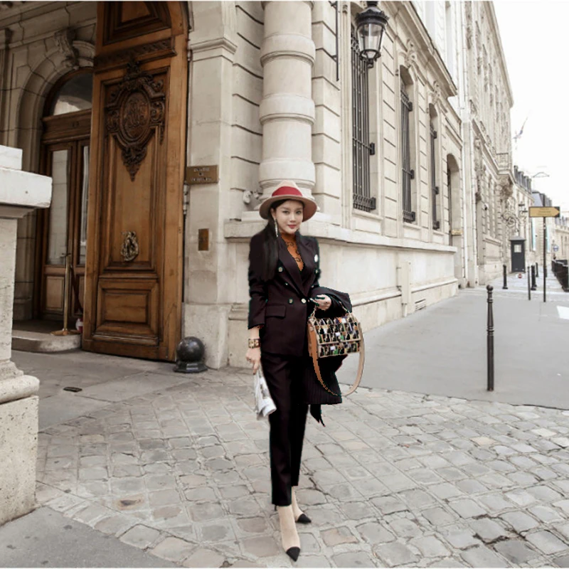 Costume de printemps et d'automne pour femmes, haut de gamme, couleur unie, style britannique, décontracté, slim, deux pièces