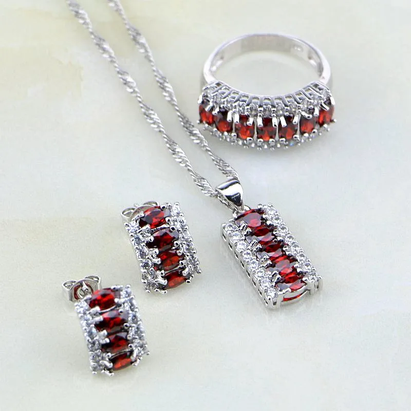 925 Sterling Silver Jewelry Red Garnet White Cubic Zirconia Jewelry Sets For Women Stud Wedding Earring/Pendant/Necklace/Ring