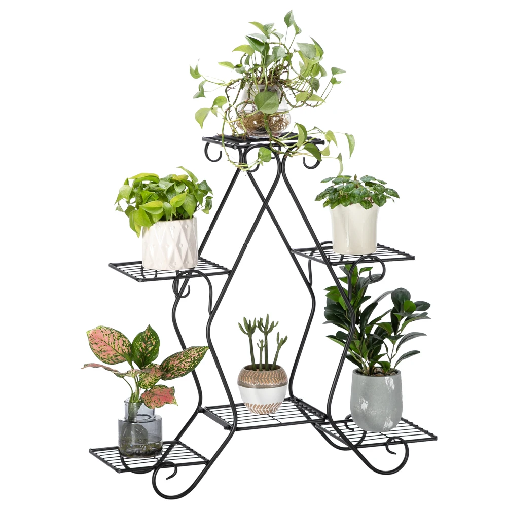 30.3 Inch Tall  Pentagonal 3 Stories, 5 Vertical Striped Potted Plant Racks With Black Paint  Flower Pot Holder Shelves