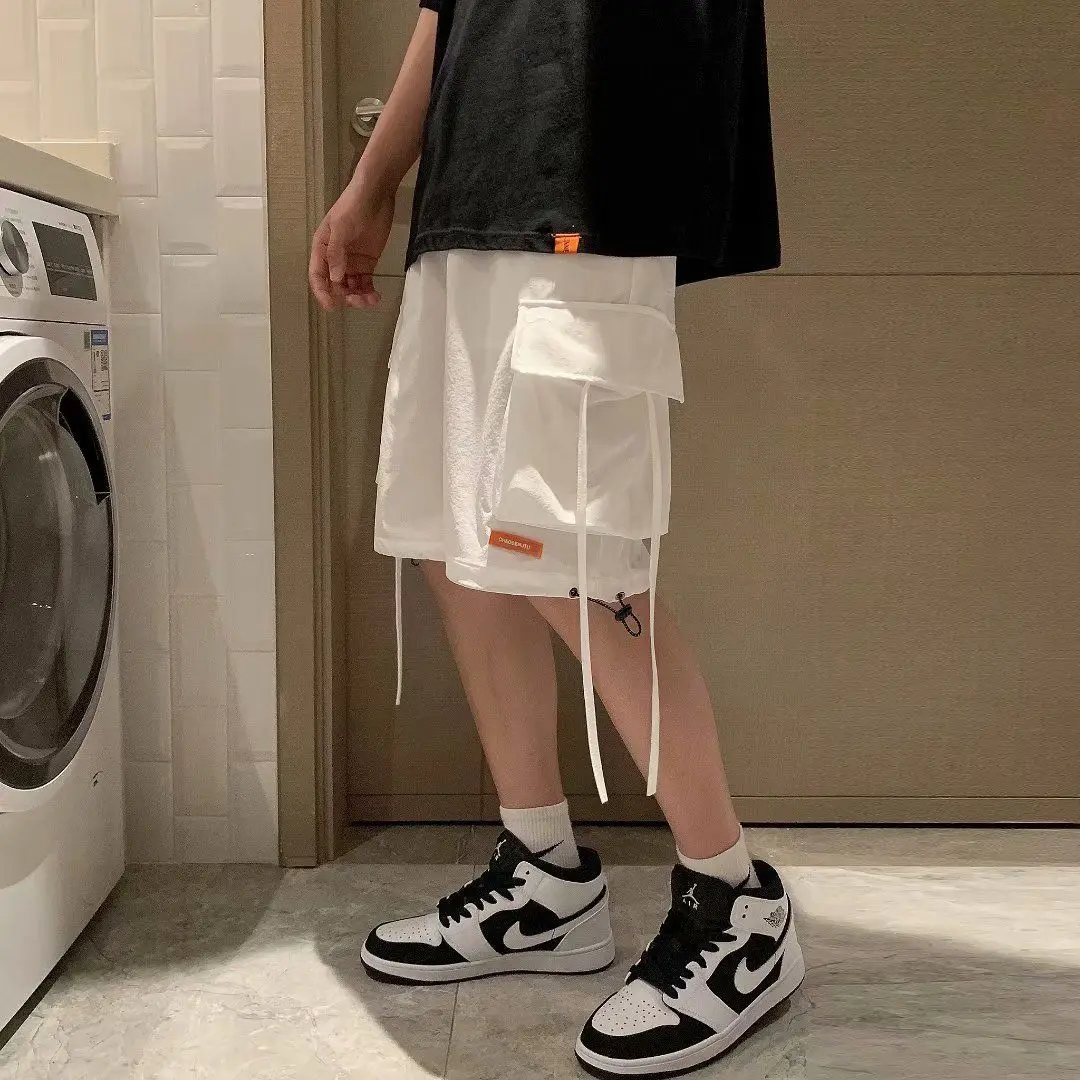 Cotton Cargo Pants Men Casual Shorts Elastic Waist High Street Loose Fifth Pants Straight 3D Pocket Summer Mens Fashion Shorts