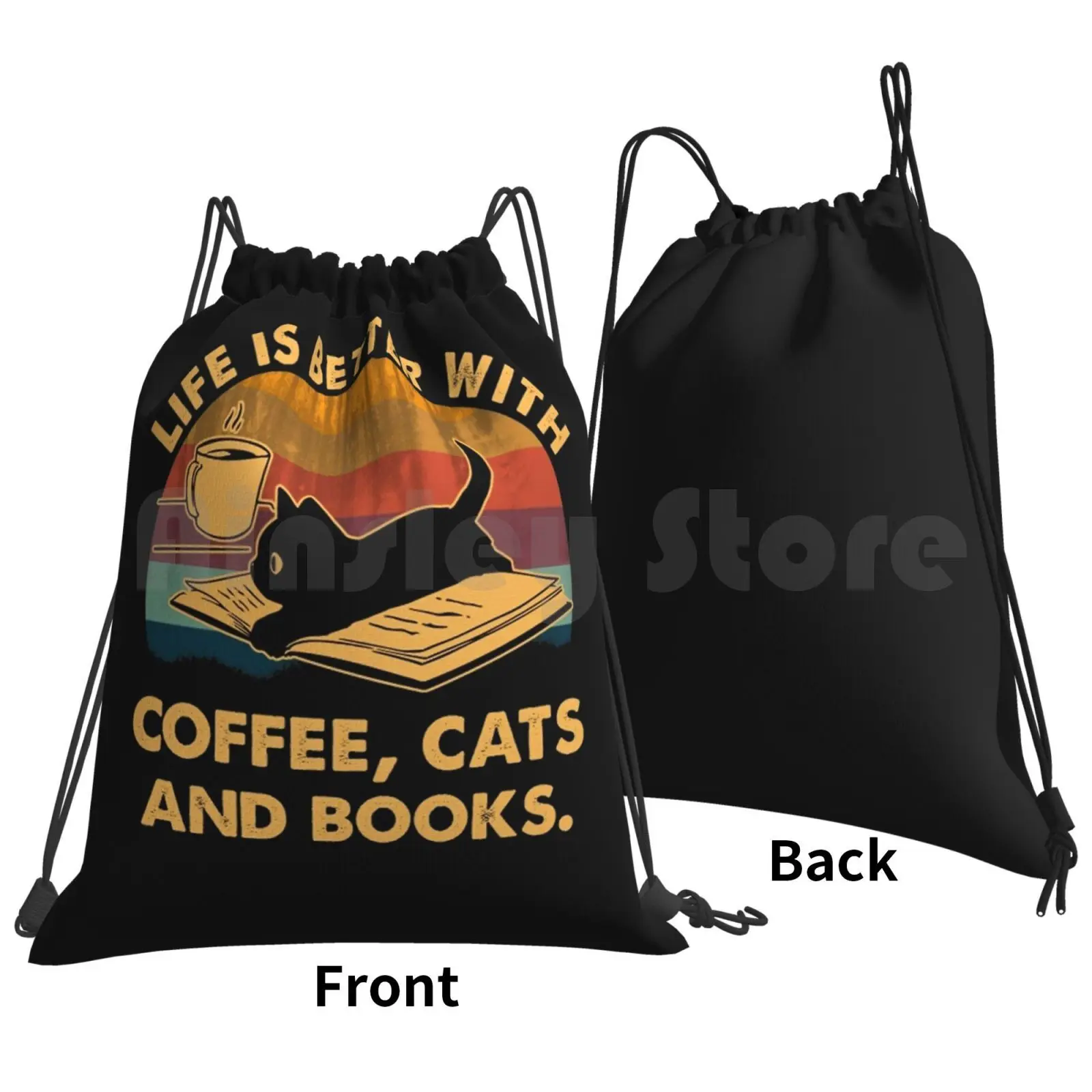 Life Is Better With Coffee Cats And Books Backpack Drawstring Bag Riding Climbing Gym Bag  Life Is Better With Coffee Cats