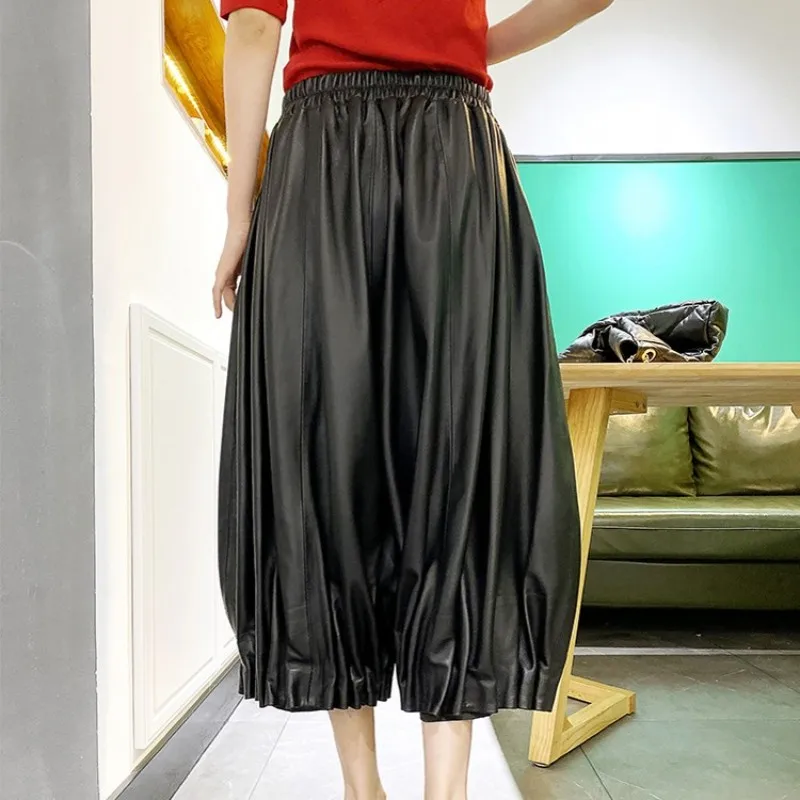 Women Natural Leather Harem Pants Streetwear Casual Wide Leg Pants Elastic High Waist Loose Office Calf-Length Pants