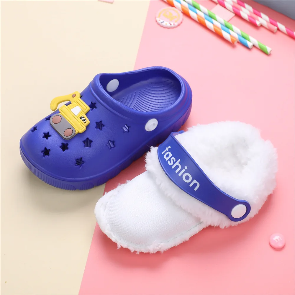 1-6y Kids Mules & Clogs Autumn Winter Boys Sandals Cartoons Add Wool Warm Baby Beach Slippers Children Garden Shoes H43-1