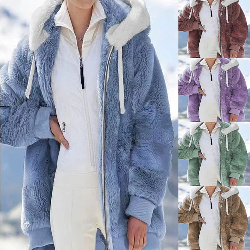 

Winter Women's Jacket Plush Patchwork Zipper Pocket Hooded Jacket Fur Woman Coat Plus Size Thick Warm Women Top Winter Outerwear