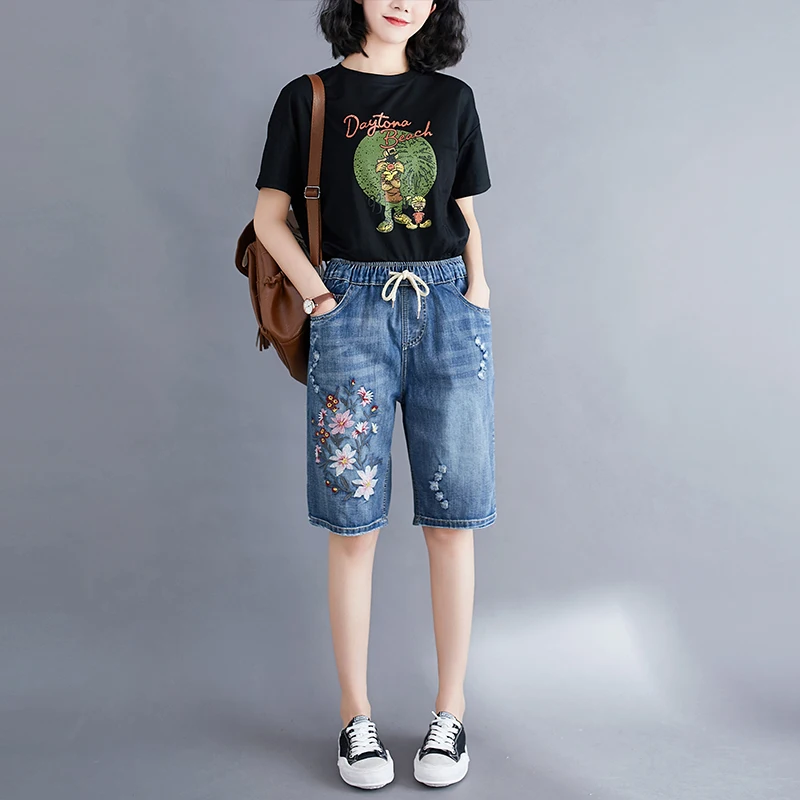 Women Summer Folk Style Elastic Waist Floral Embroidery Drawstring Ripped Shorts Female Office Lady Casual Loose Denim Short