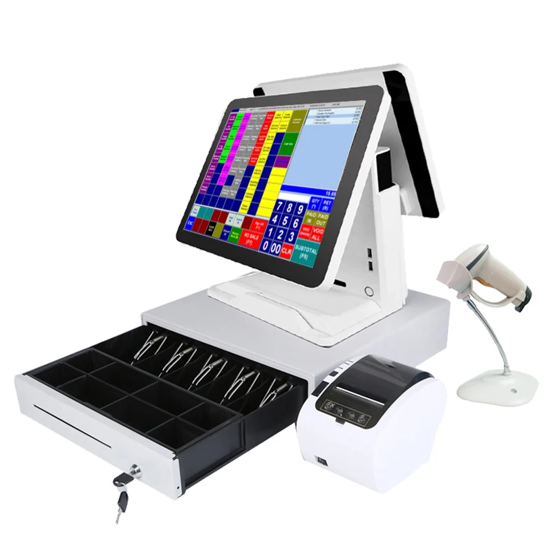 

Hot Selling 15 Inch POS PC Cash Register with Barcode Scanner 80MM Thermal Printer 400MM Cash Drawer Factory