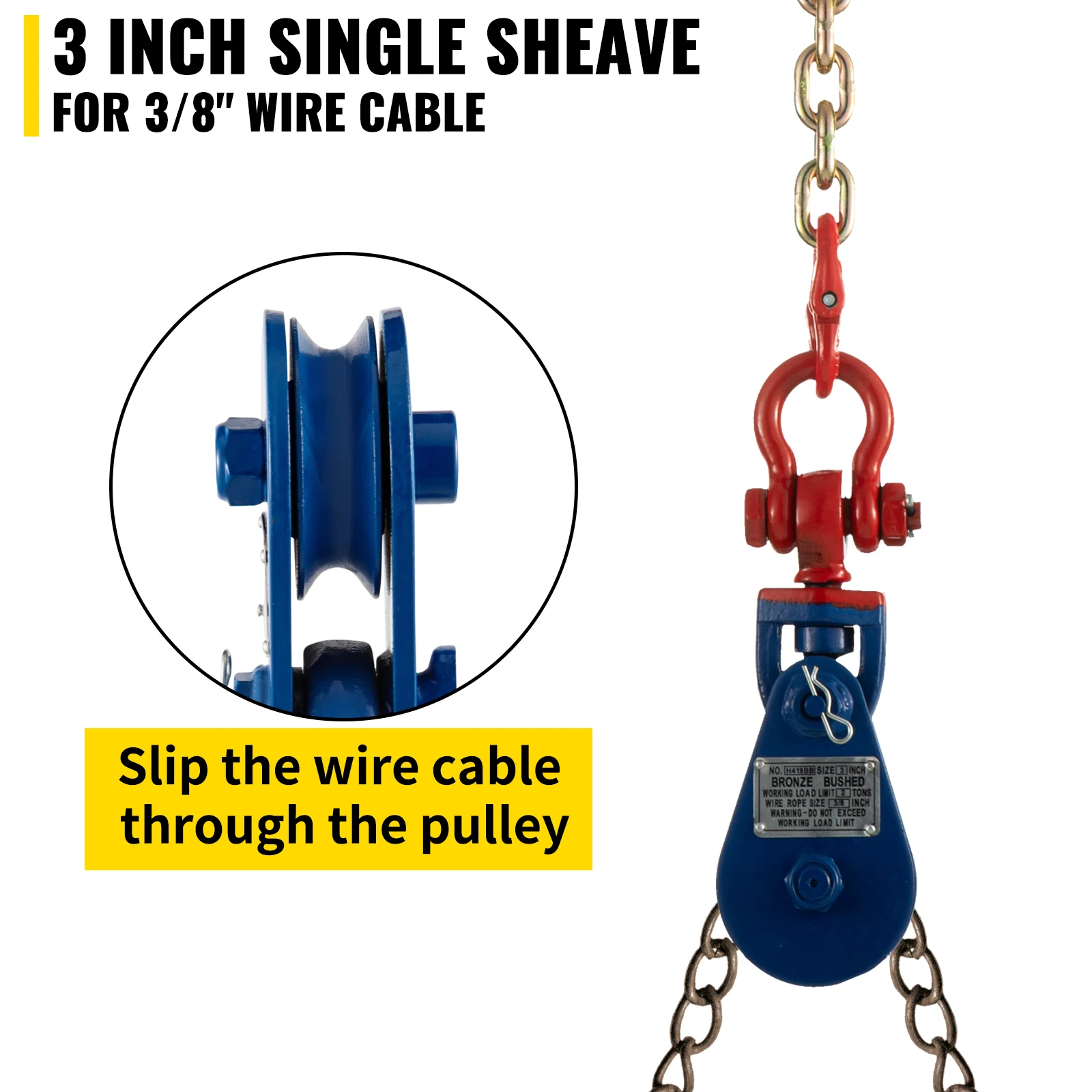 VEVOR 2Ton 4400LBS 3Inch Cướp Chặn Với Dây Chuyền Giàn Xoay Sheave Khối 3/8 Inch Kéo Nâng Cáp Chịu Lực cho Các Ngành Công Nghiệp