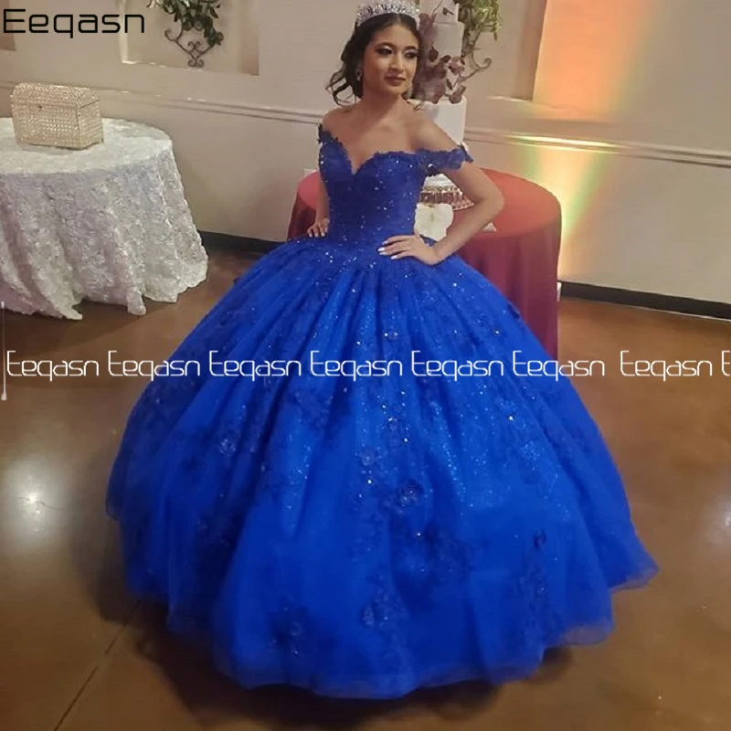 Eeqasn-vestidos de quinceañera azul real a la moda, brillantes, sin hombros, apliques de flores de encaje, vestido Formal de baile de graduación, 2021