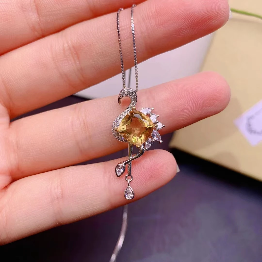 Fine jewelry 925 pure silver inlaid natural Citrine girl elegant fashion swan square Chinese style gem pendant necklace support