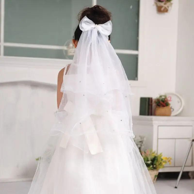 Handmade Double Layer Flower Girls Wedding Veils Bowknot Costume