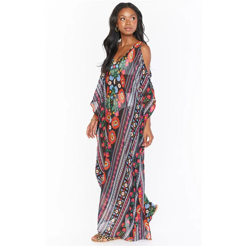 보헤미안 프린트 쉬폰 여성 비치 드레스 수영복 비키니 커버 여성용 여름 튜닉 비치웨어 Robe De Plage Kaftan