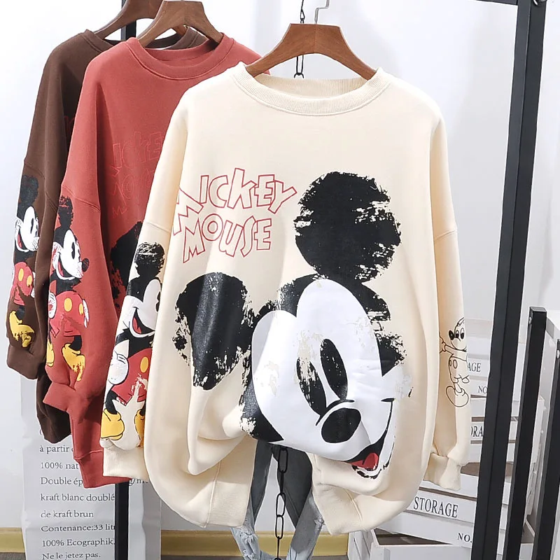 Disney Sweter Damski Kreskówka Mickey Minnie Pluszowy Gruby Sweter Wiosna Jesień Luźny Koreański Bez Kapelusza Gruby Sweter Trendy