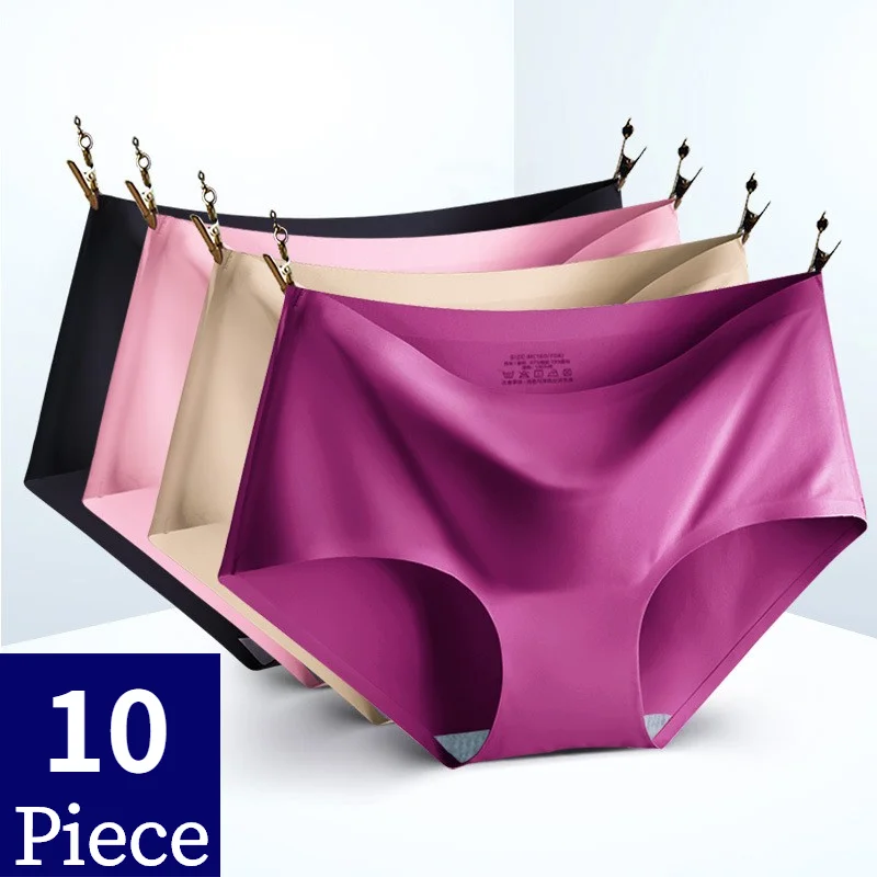 WHPC 10PCS/Set Women's Panties Solid Seamless Underwear Plus Size Comfortable Briefs Silk Satin Lingerie Health Underpants 10PCS