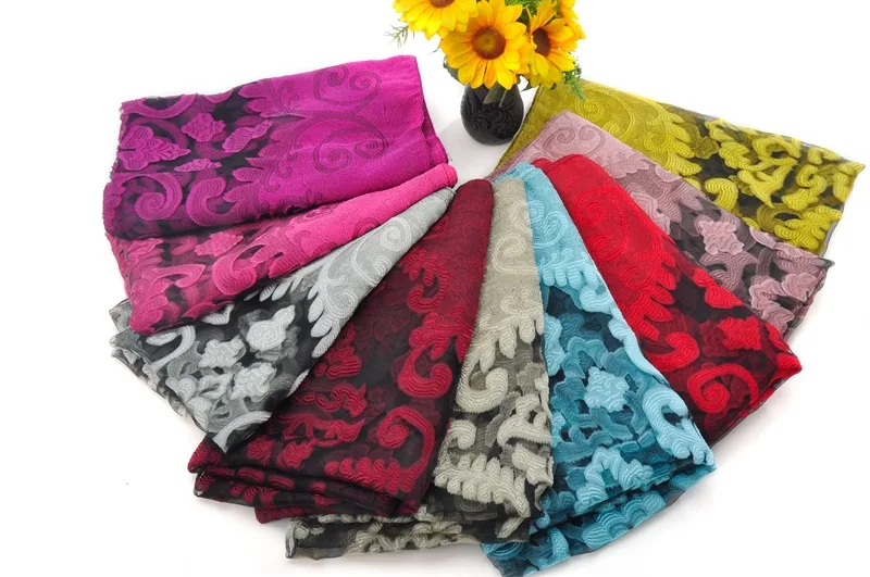 Hot Selling 180*70 Organza Silk Embroidery Floral Scarves Women Winter Shawls Hijab Lace Wrap Poncho For Euro USA