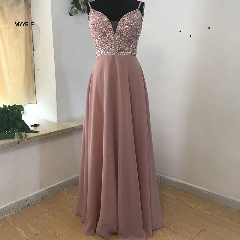 Abito da sera sexy backless personalizzato lungo 2020V collo in rilievo chiffon abito da festa formale da donna abito da ballo Robe De Soiree scintillante