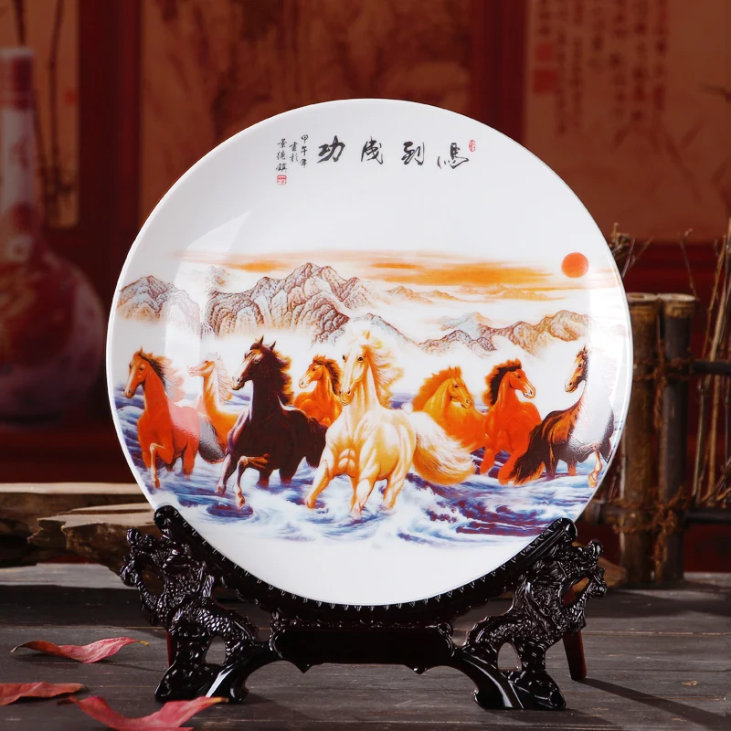 

Jingdezhen Ceramic Plate Vintage Chinese Traditional Plate Home Decoration With Base Fine Smooth Surface Furnishing Articles