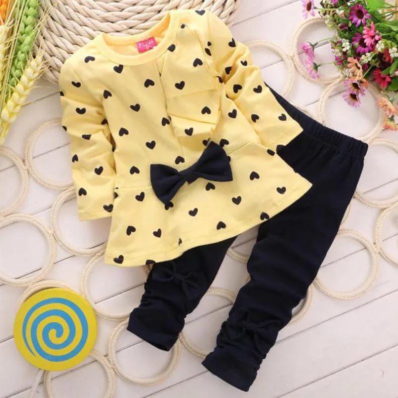 New Spring Autumn Girls Clothes Set Children Long Sleeve O-Neck Tops Pants 2pcs Kids Fashion Casual Bow For Baby Letter Outfit